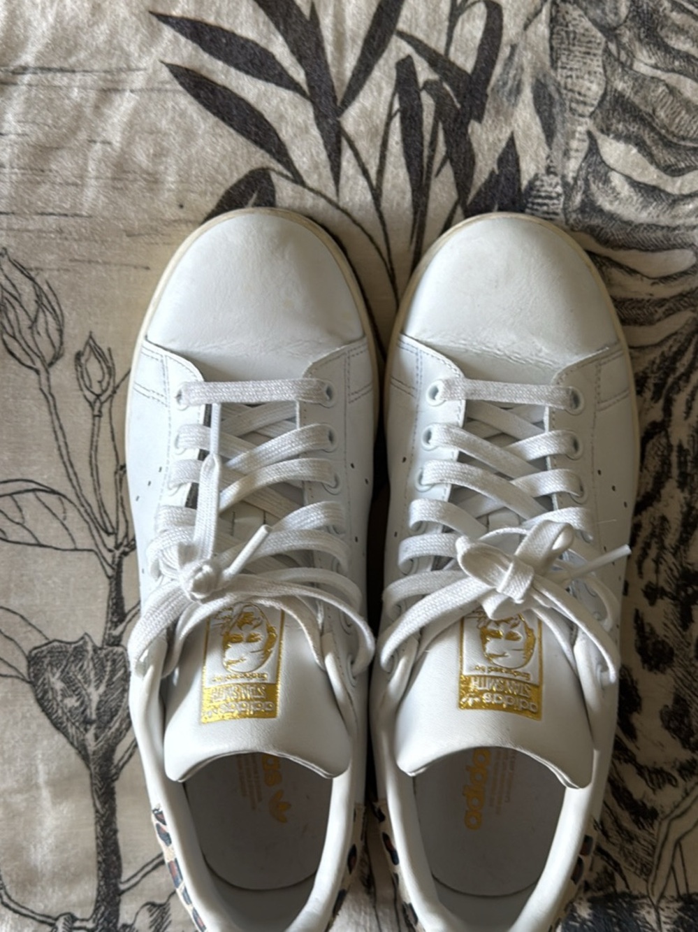 adidas White Leather Sneakers with Gold Tongue Emblem Animal Print